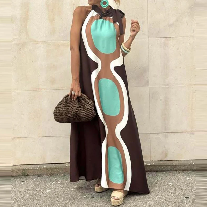 Verão elegante o-pescoço rendas vestido de férias feminino casual sem mangas solto vestido de festa moda padrão impresso bohe vestido longo