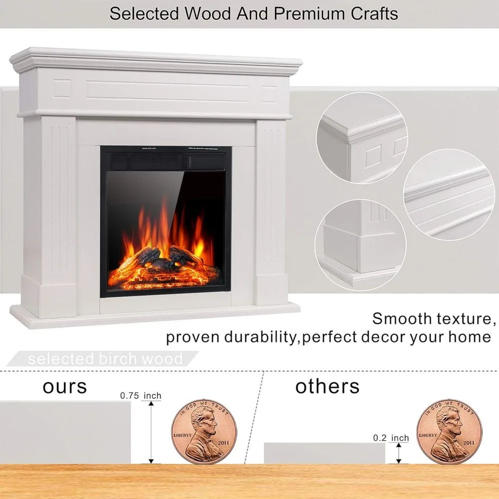 Electric Fireplace Mantel Package Wooden Surround Firebox Free Standing Electric Fireplace Heater with Log, Adjustable Led Flame