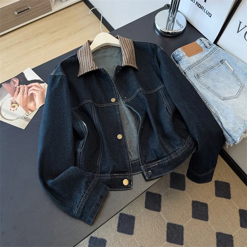 

Винтажная клетчатая лоскутная темно-синяя короткая джинсовая куртка с лацканами, женская осенняя повседневная свободная джинсовая куртка с длинными рукавами, женское базовое пальто