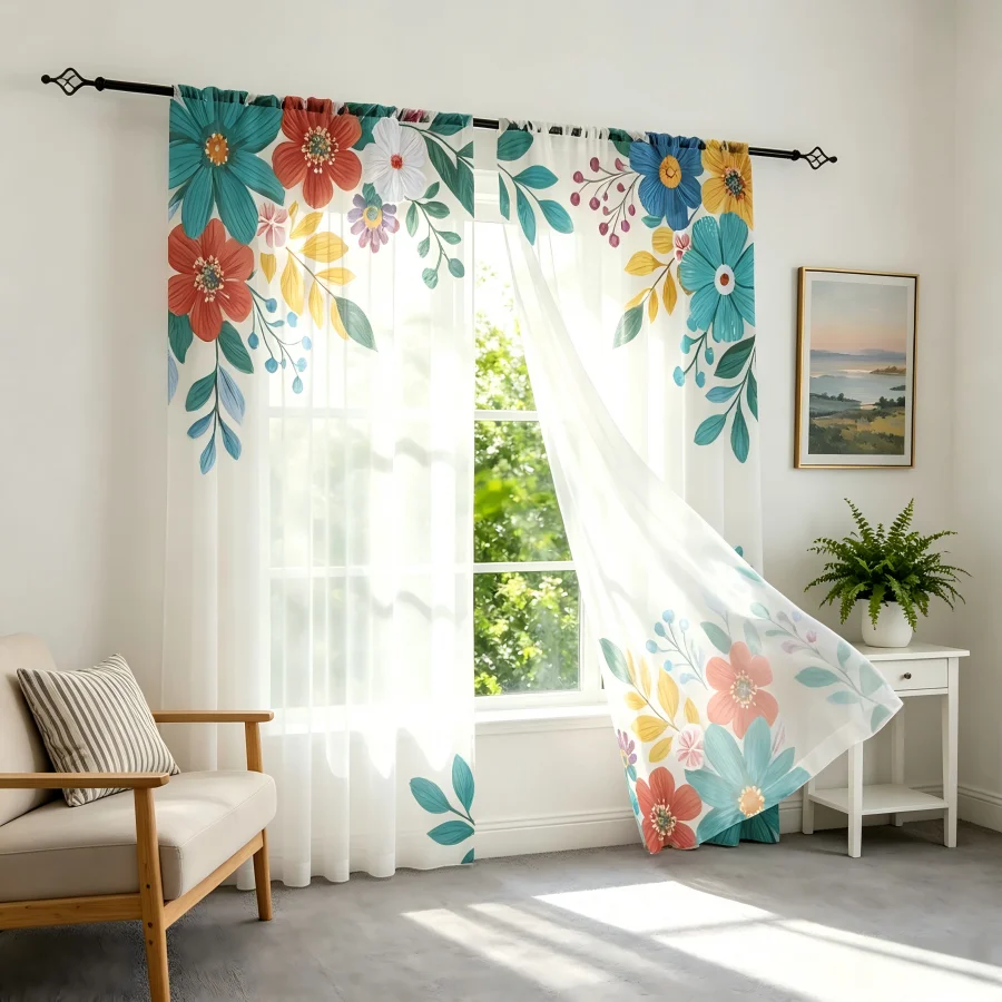 2PCS Digital Print Sheer Curtain, Diagonal Colorful Flower Geometric Floral Window Drapes for Living Room Bedroom Home Decor