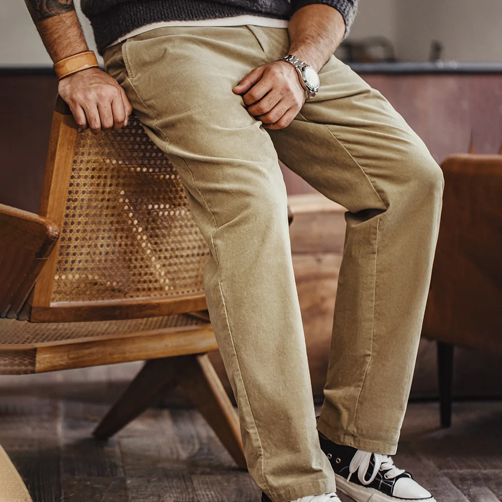 Maden Retro Khaki Corduroy Casual Pants Elastic Waist Straight-leg Long Pants Versatile Trousers for Spring Autumn
