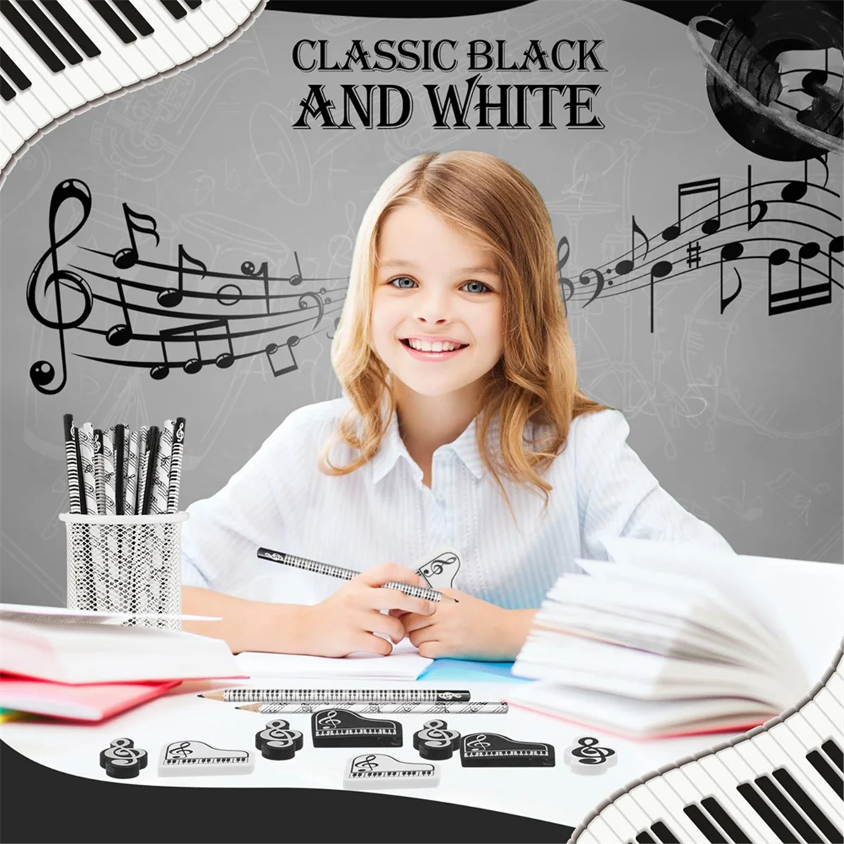 Gfc-Music Pencils Music Note Pencil with Music Themed Erasers Wood Pencils Bulk Keyboard Fun Pencils Erasers Gift (48 Pcs)