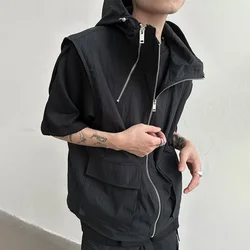 Men Cargo Hooded Vest Summer Zipper Sleeveless Tops Male Korean Streetwear Hip Hop Unisex Hoodie Coat Fashion Waistcoat Jacket