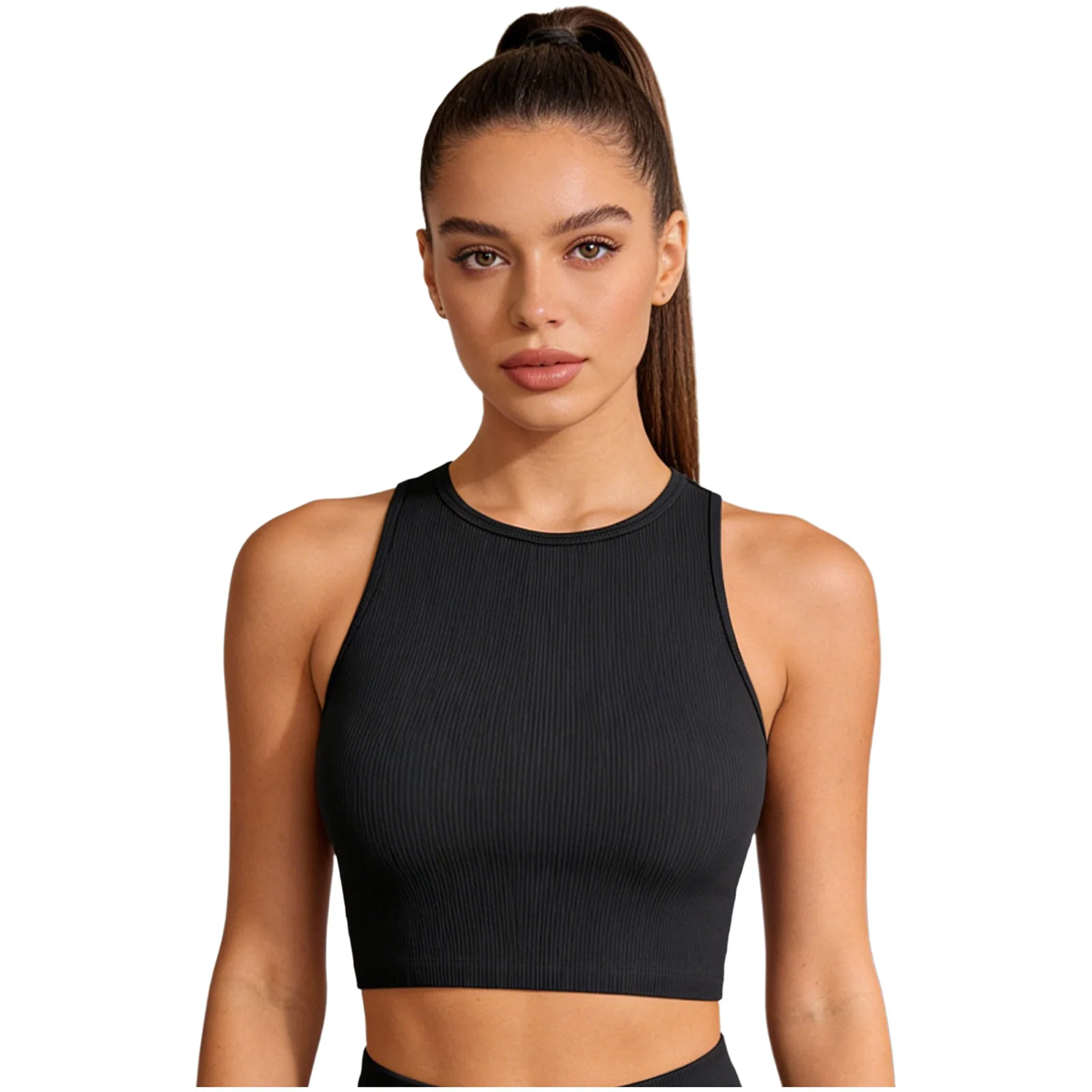 Geripptes Damen-Tanktop, schnelltrocknend, feuchtigkeitsableitend, Sport-Crop-Top für Sportbekleidung, Yoga, Workout, Fitness, Laufen