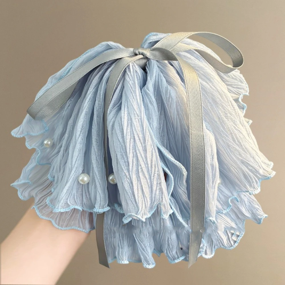 Super Fairy Bow Mesh Pearl Grab Clip Elegant Korean Style Pearl Bow Half-tie Hair Clip Headwear Ponytail Headband