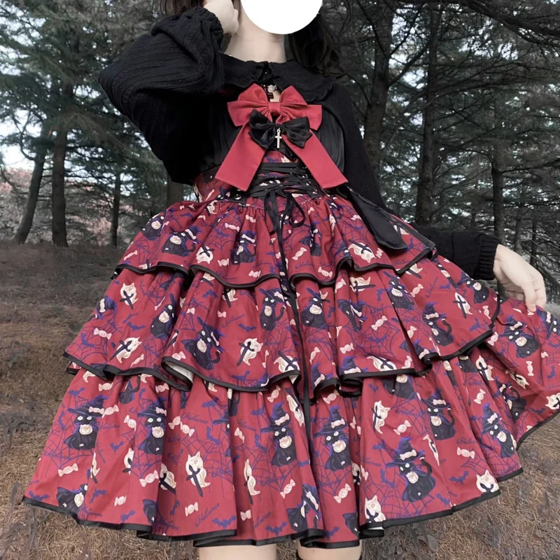 Halloween Pumpkin & Black Cat Pattern Dress for Women, Punk Party Dress Cute Lolita Dress Witch Cosplay Spaghetti Strap Dress