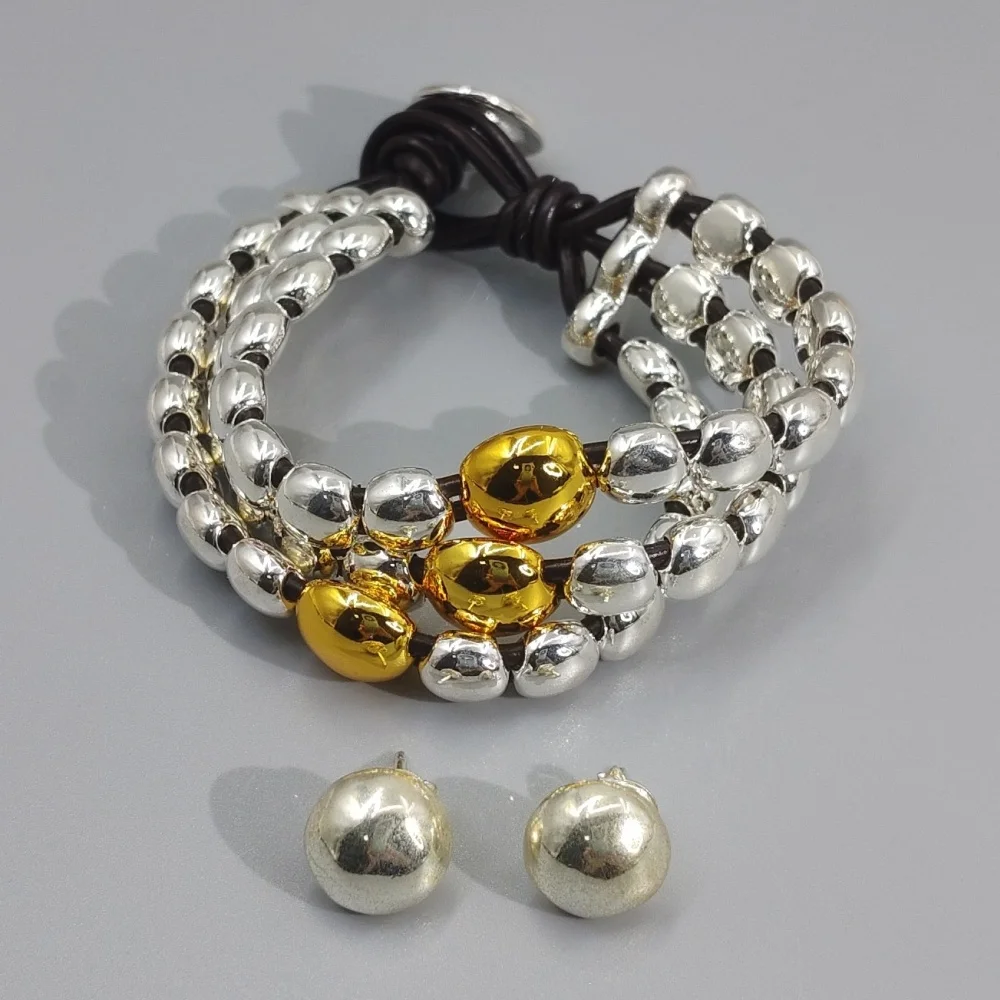 2026 Spring Heavy Industry Gold and Silver Multi layered Round Bead Earrings Bracelet Jewelry Two piece Set No Gender Gift
