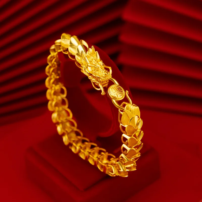 

Men's Dragon Head & Spine Bracelet, 24K Gold, AU999 | Antique Tang Dynasty iron-core dragon replica, vintage imperial grandeur.
