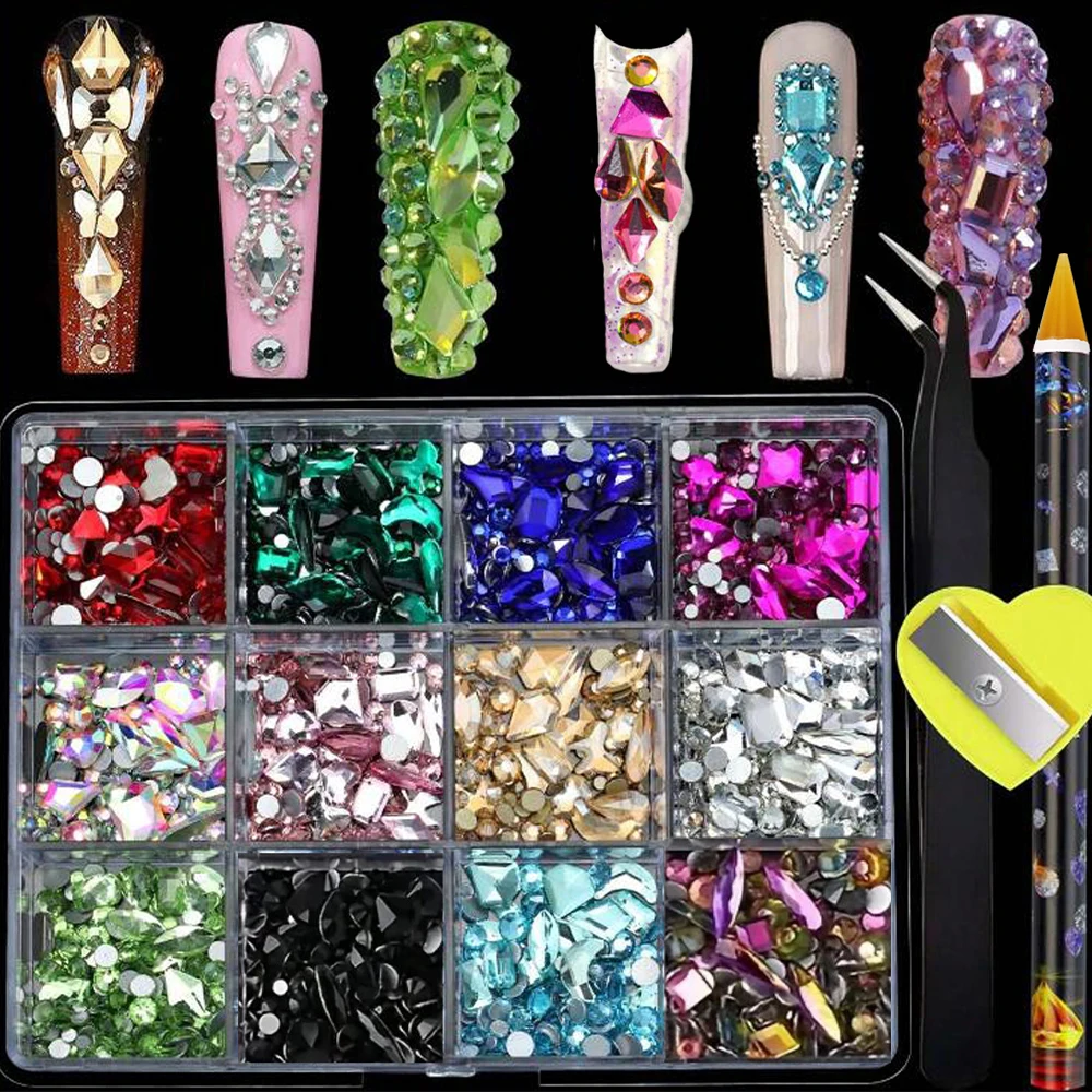 

12 сеток, смешанные формы, радужные стразы, набор для дизайна ногтей, 1500 шт. + плоская задняя часть, стеклянный кристалл, алмаз для ногтей с пикапом, карандаш, пинцет
