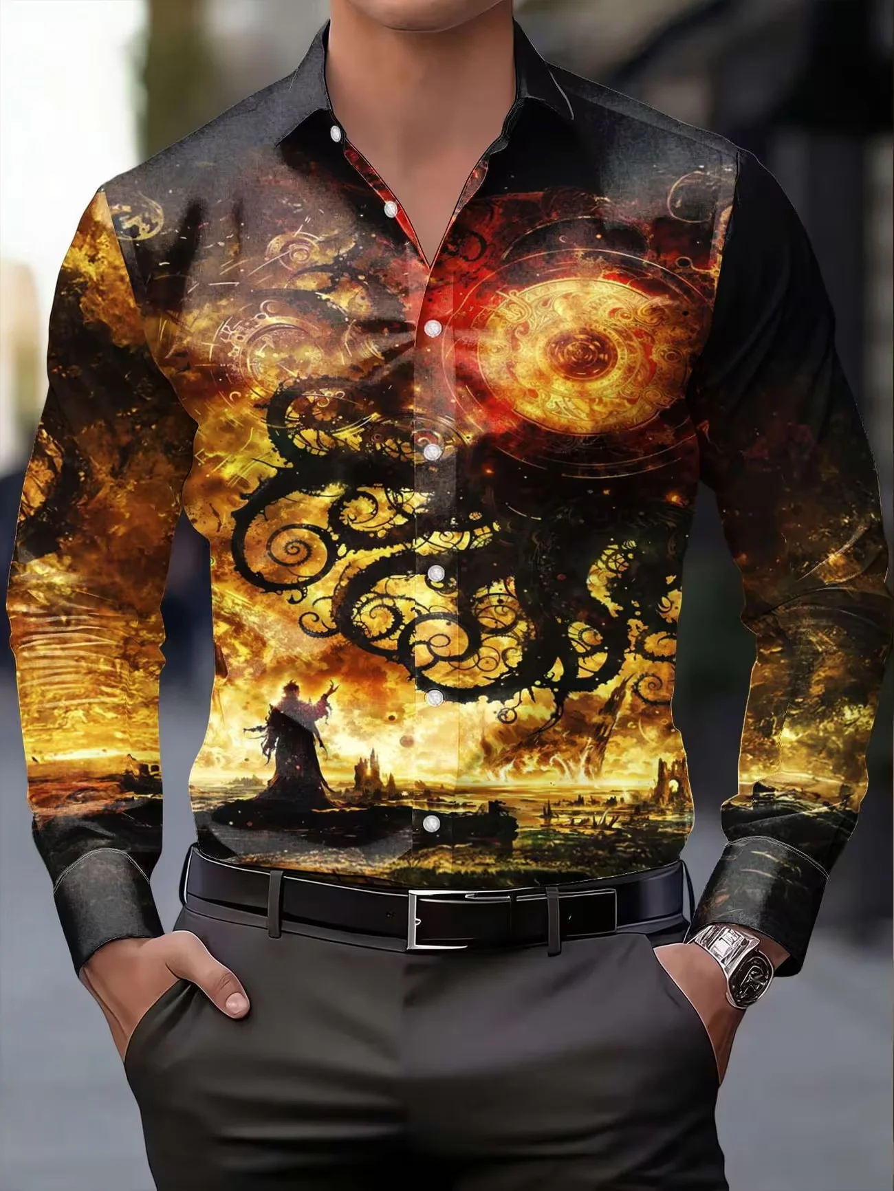 Men Long‑Sleeve Button‑Down Shirt Dark Fantasy Octopus Tentacle Monster Full Print Polyester Lapel Collar Gothic Top