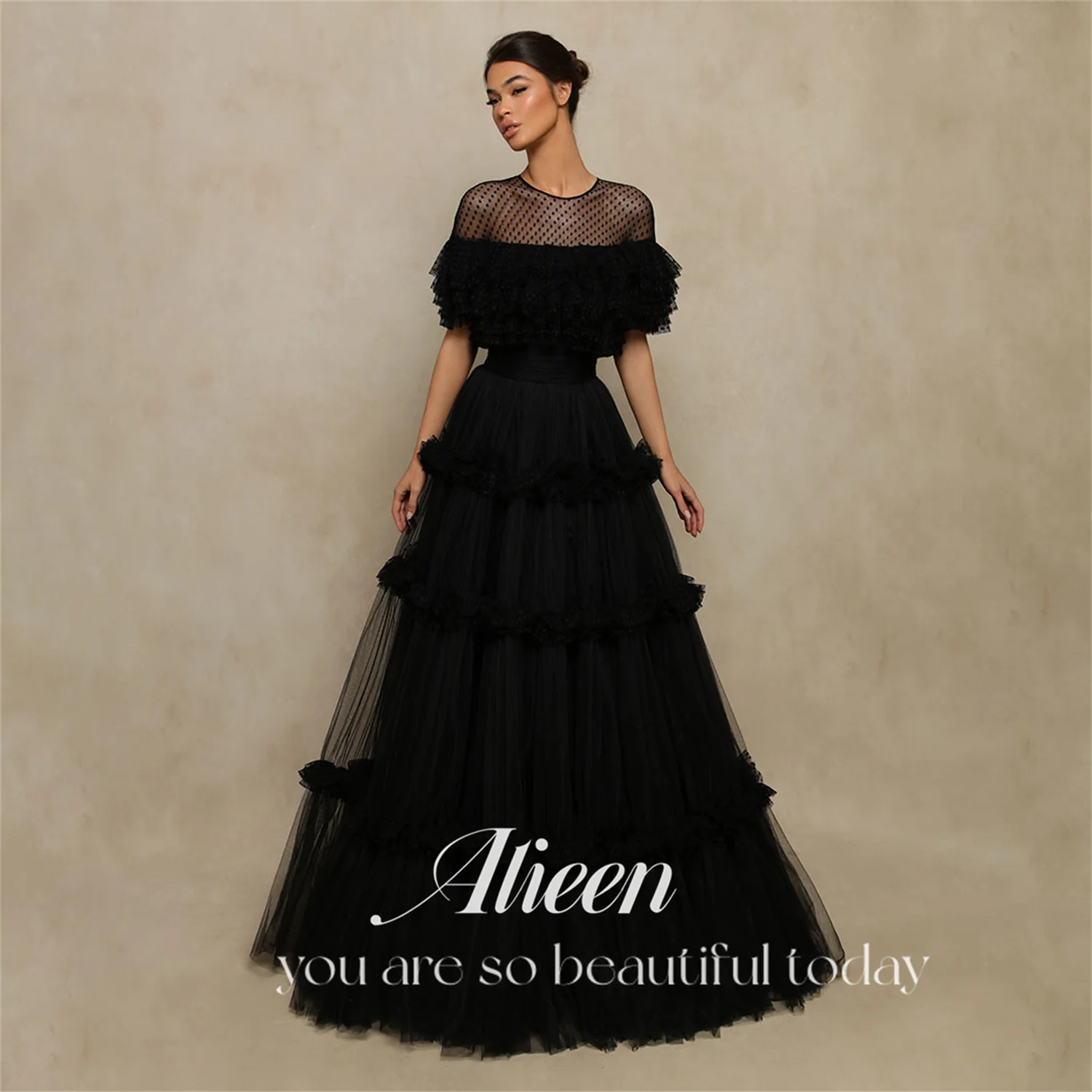 

Aileen Dots Dubai Luxury Evening Dress Graduation Dresses Black Customized 2024 Multi-layer Party Wedding Perspective A-line