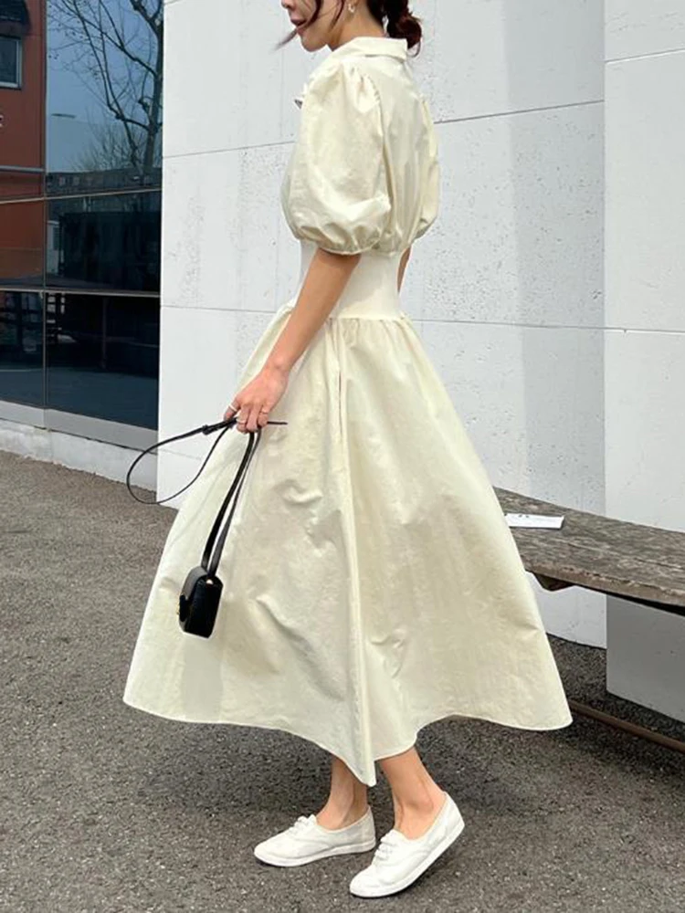 GALCAUR Casual Patchwork Zipper Dress For Women Lapel Puff Sleeve High Waist Tunic A Line Sweet Dresses Female Clothing 2025 New