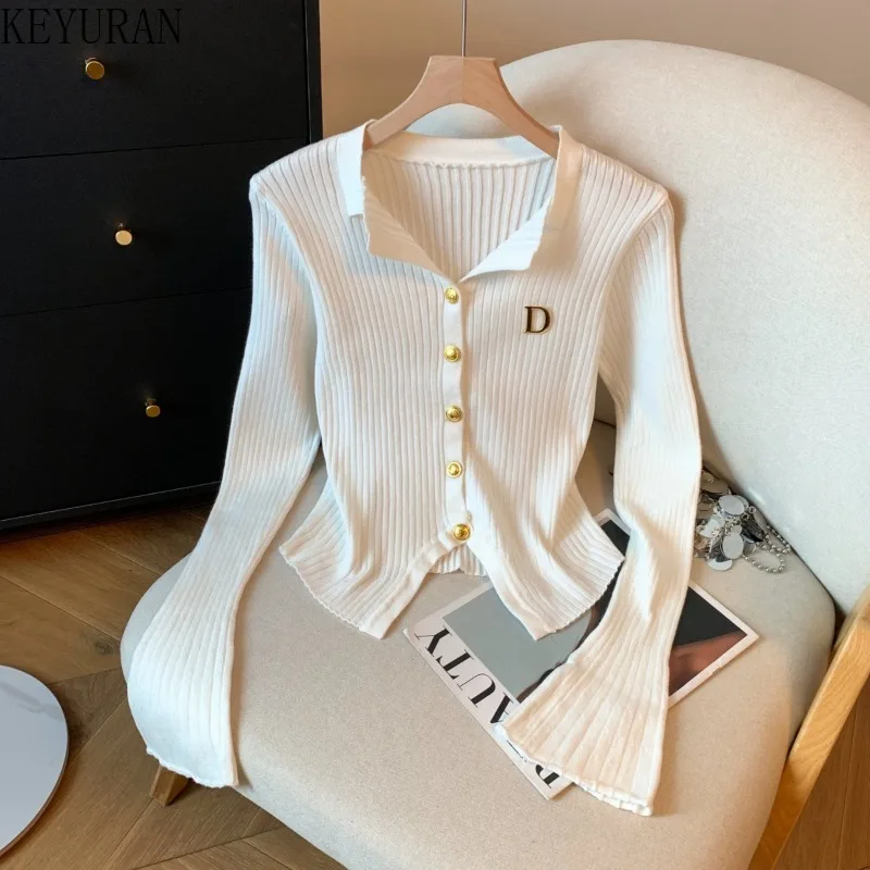 

Korean Chic Slim Fit Knitted Cardigan Women 2025 Autumn Fashion Flare Long Sleeve Single Button Sweater Knitwear Top Y2k Clothes