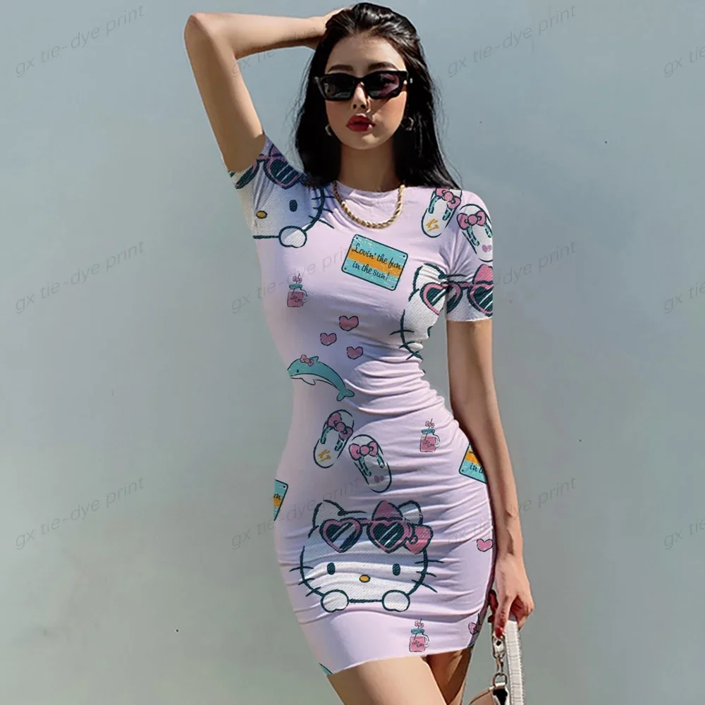 Hello Kitty 3D Print Bodycon Cami Midi Dress Boho Short Sleeve Skinny O Neck Slim Vacation Cartoon Skirt Summer Mini Dress Hot