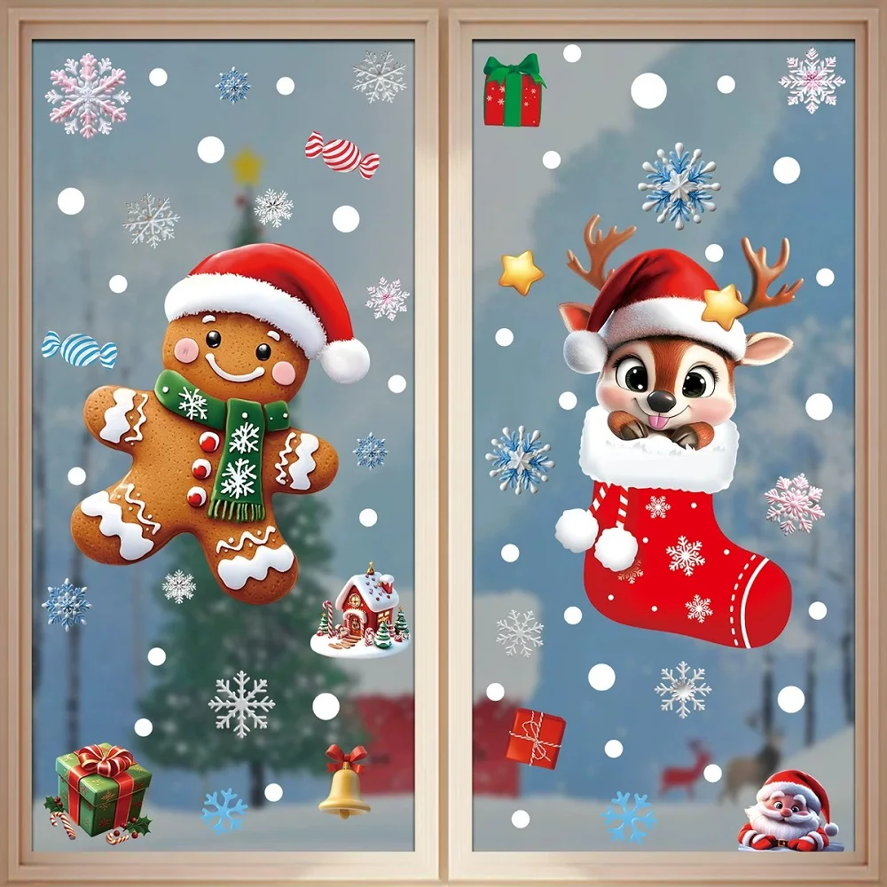 Weihnachts-Fensteraufkleber Klassischer Lebkuchenmann Schneemann Weihnachtsmann Statische Klebefolie Dekoration für Zuhause Einkaufszentrum – Detail 4