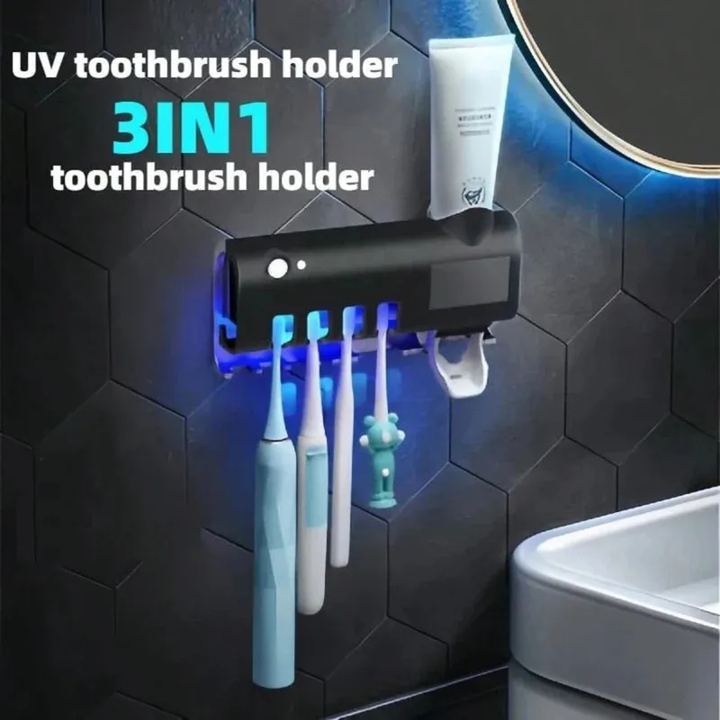 Upgraded 3-in-1 Electric Blue Light Disinfection Toothbrush Holder with Toothpaste Dispenser, Wall-Mounted No-Drill USB Charging