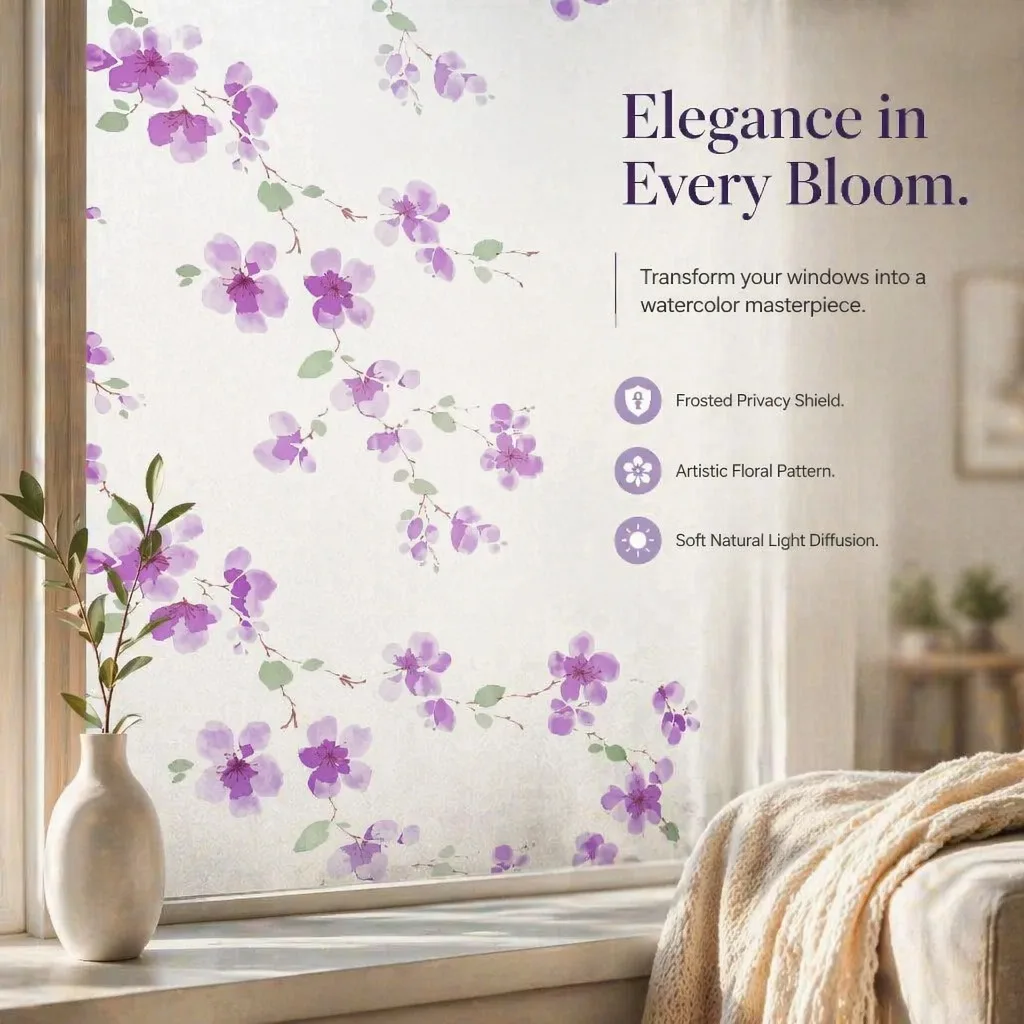 Self-Adhesive Watercolor Purple Floral Frosted Window Film, 99% UV Protection Waterproof Removable No Residue Privacy Glass