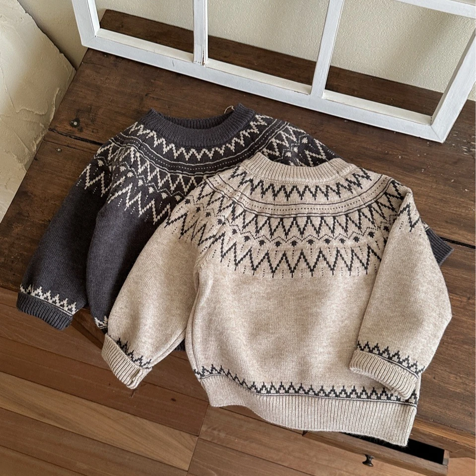 2026 Winter Kids Knit Sweater for Boys Girls Long Sleeve Knitted Pullover Vintage Toddler Warm Clothes 2-6 Years 2