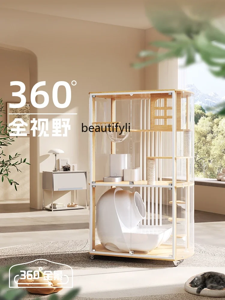 360 Panoramic Cat Villa Fully Transparent Curved Glass Cat Cabinet Large Space Can Hold Automatic Litter Box