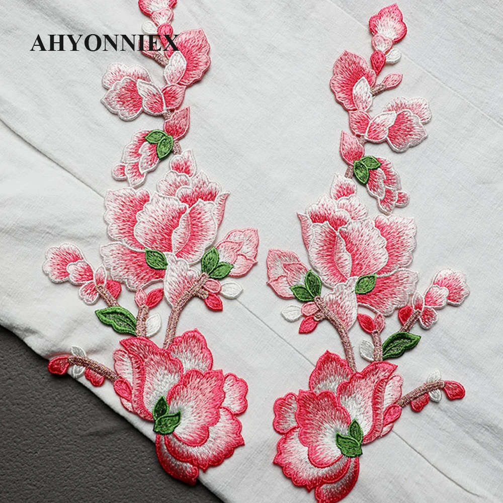 1 Pair Peony Flower Patch Embroidered Sew on Patches for Clothing Applique DIY Dress Decoration On Clothes