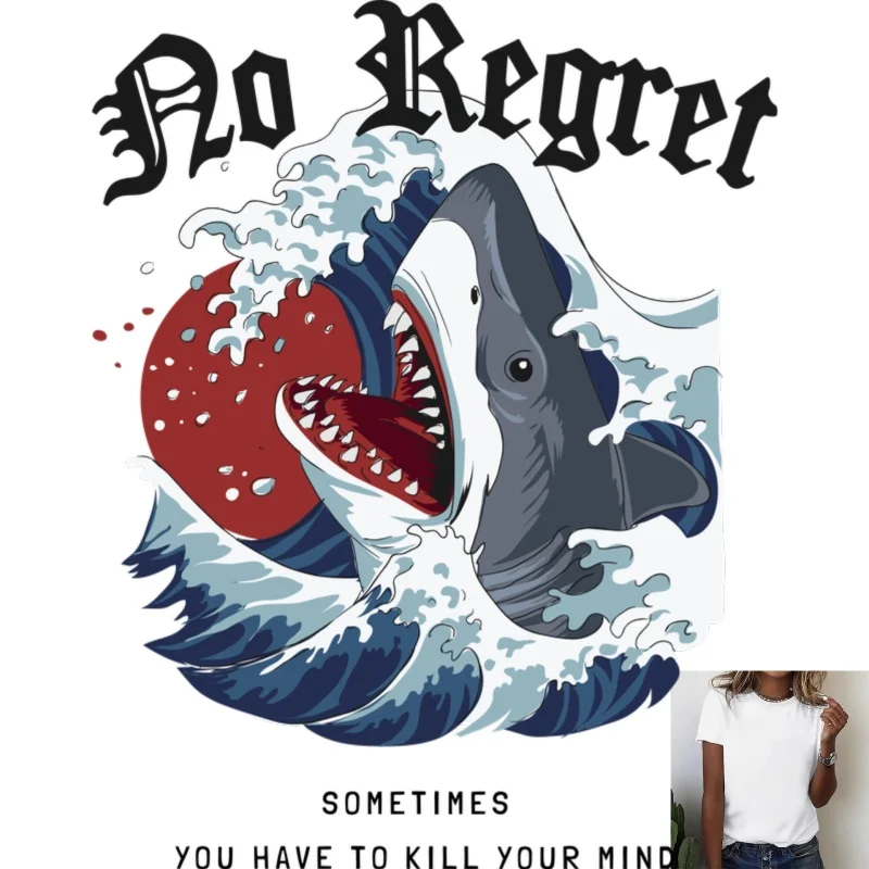 Trendy Shark & Wave English Print Heat Transfer White Ink Iron - on Patch, Versatile Street - Style Decoration for T - Shirts &