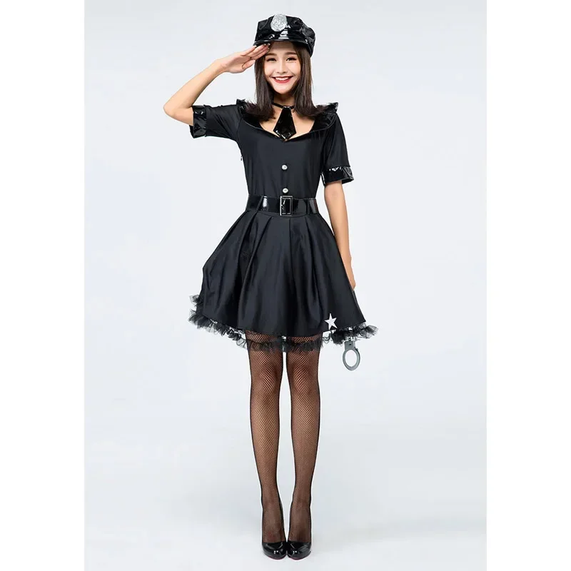 Sexy Black Police Officer Costumes Cosplay For Women Game Stage Bar Police Costume