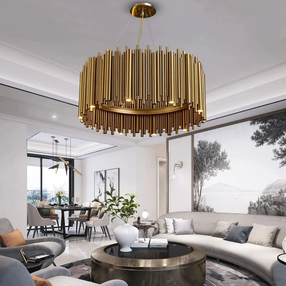 

Luxury Gold Chandelier For Living Room Modern LED Home Decor Hanging Lamp Stainless Steel Round Creative Design Indoor Lighting