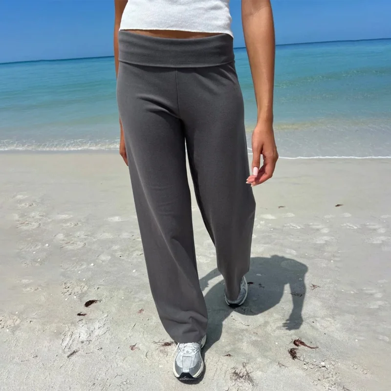 Pantalon de couleur unie pour femmes, pliable, taille basse, droit, pantalon de survêtement des années 2000, esthétique y2k