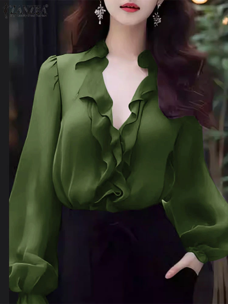 ZANZEA Long Sleeve Women Blouses Spring Solid Color Sexy 2025 Trend Tops Feminina French Elegant Ruffles V Neck Blusas Mujer