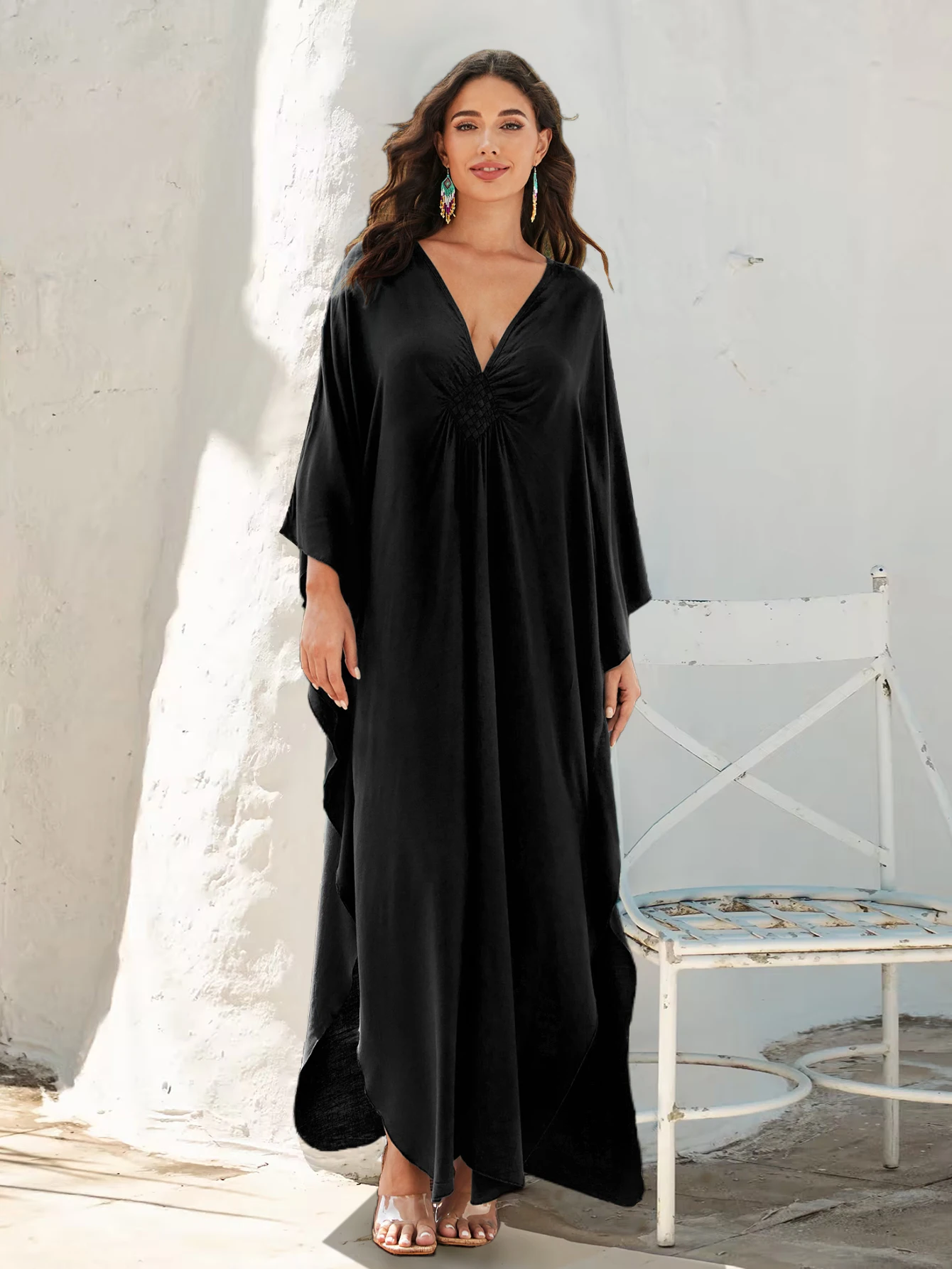 Black Causal Handmade-knit V Neck Plus Size Kaftan House Dress 2024 Women Summer Beach Wear Swim Suit Cover Up Loose Robe Q1590