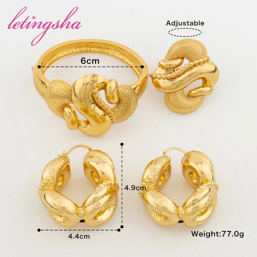 Fashion Jewelry Set for Women Large Hoop Earrings and Bangle Ring Weddings Bride Trendy Bracelet and Earrings Jewelry Set