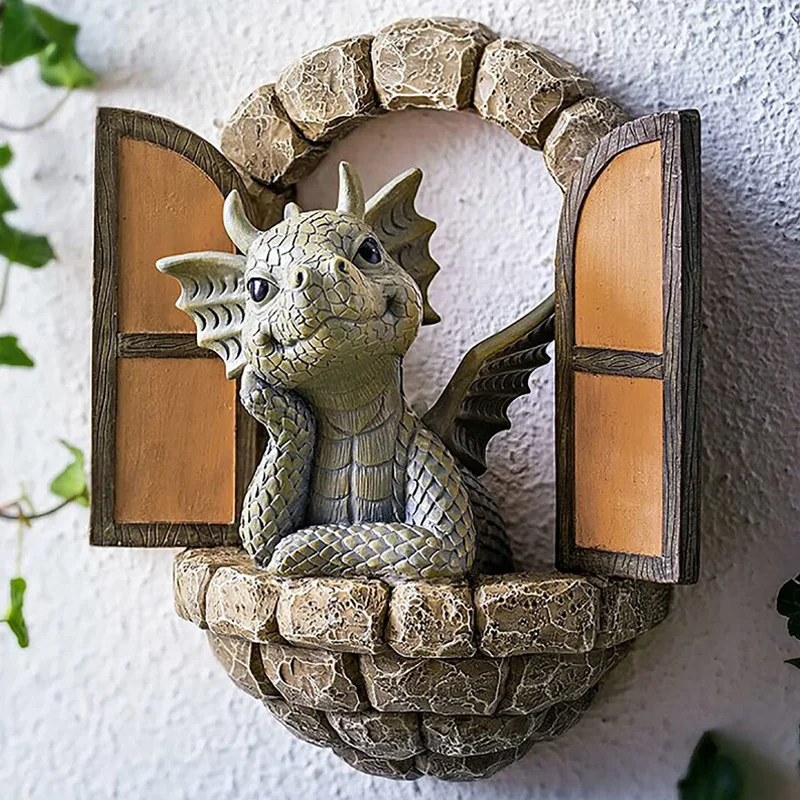 Window Dragon Garden Statue - Nordic Style Outdoor Ornament for Yard & Living Room