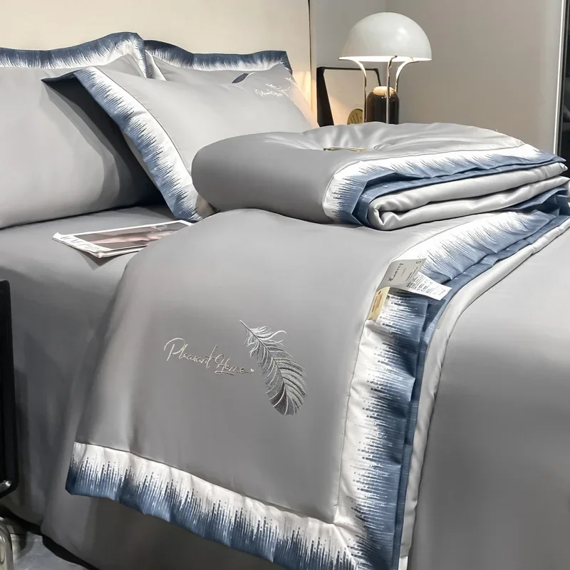 High-end Feather Embroidered Summer Blanket Comfortable Can Sleep Naked Air Conditioner Quilt Queen Machine Washable Thin Duvet