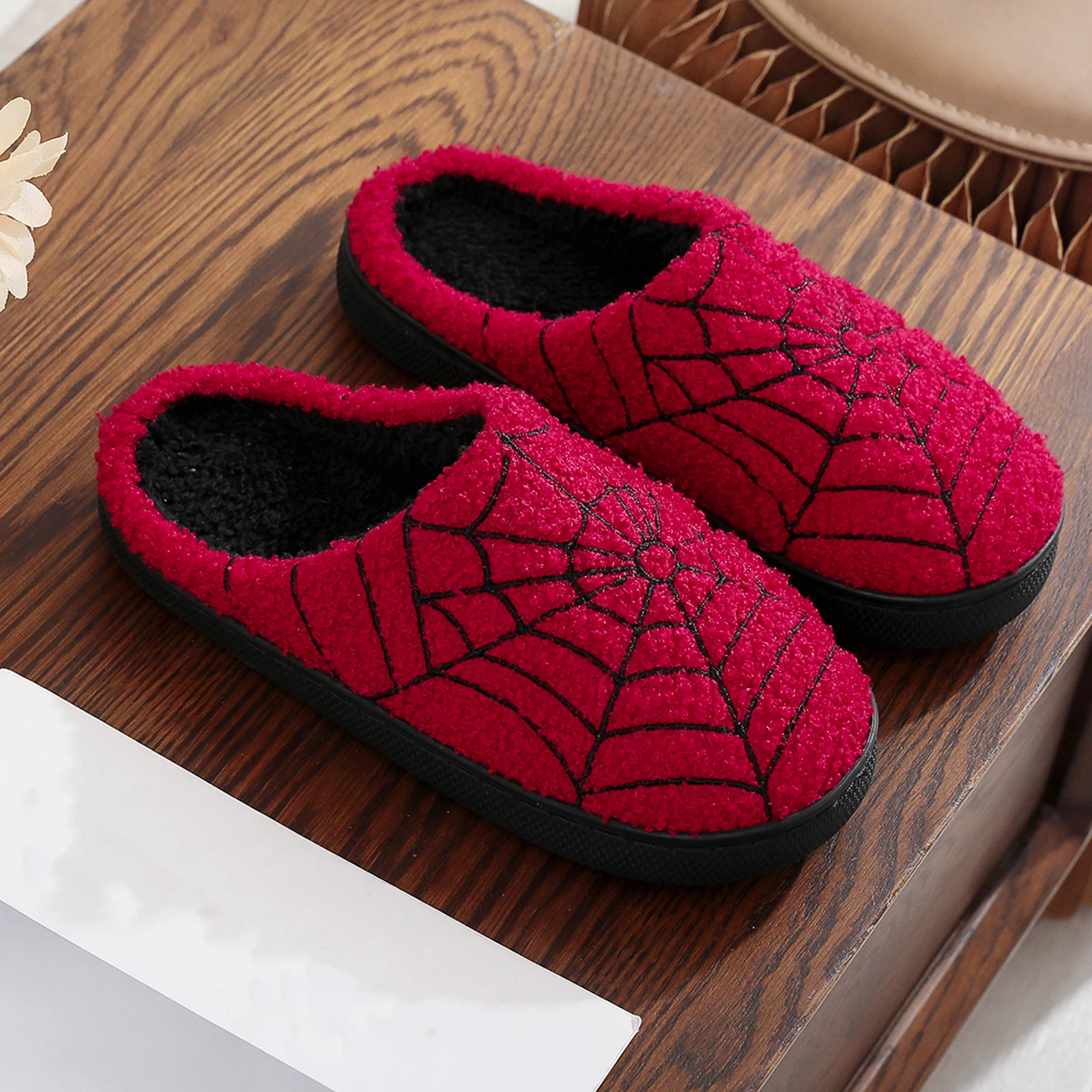 Spooky Cobweb Slippers with Soft Soles Soft Warm Plush Slippers Cuddly Warm Shoes for Women Men Adults Winter Warm