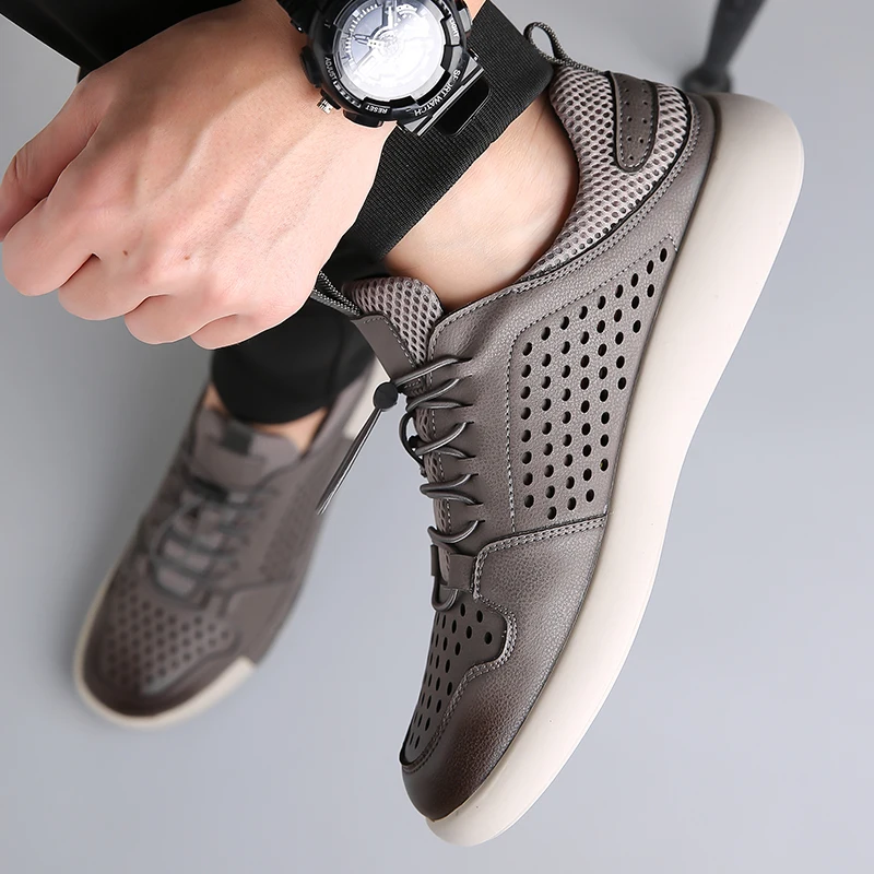 

Дышащая кожаная повседневная обувь-оксфорды, летняя удобная спортивная обувь с открытыми отверстиями, уличная мужская обувь для вождения на толстой подошве