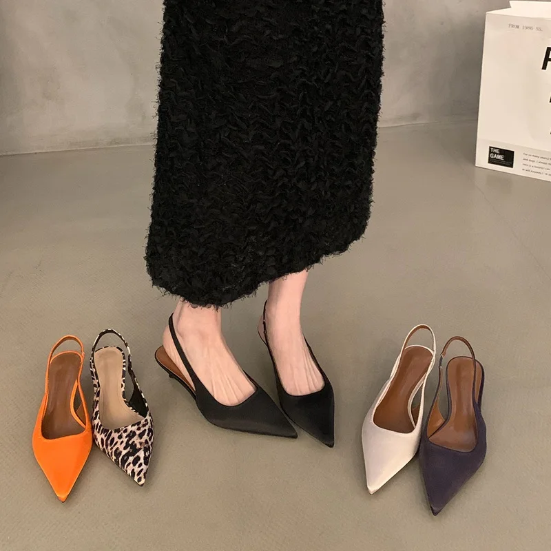 

2024 Slingback Sandals Shoes Women Low Heel Pumps Elegant Pointed Toe Mule Dress Fashion Leopard Print Sandals Party Dress Shoes