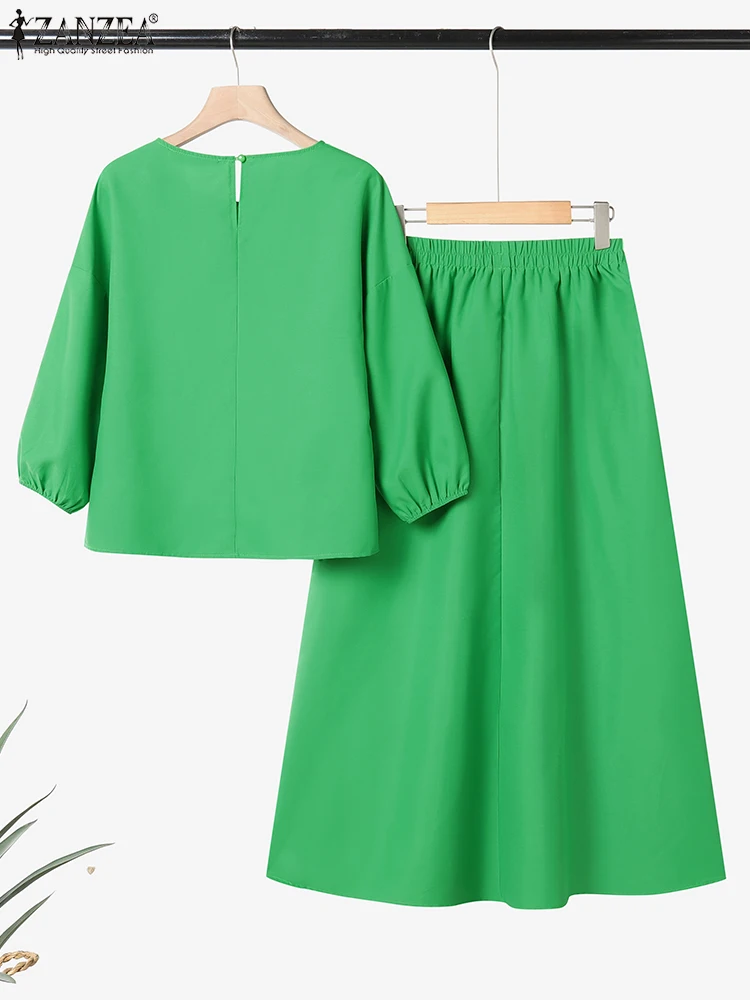 ZANZEA ลำลอง 2 ชิ้นชุดผู้หญิงเสื้อแขน 3/4 และกระโปรงยาวชั้น 2 ชิ้นชุดวันหยุดดอกไม้ปักชุดกระโปรง