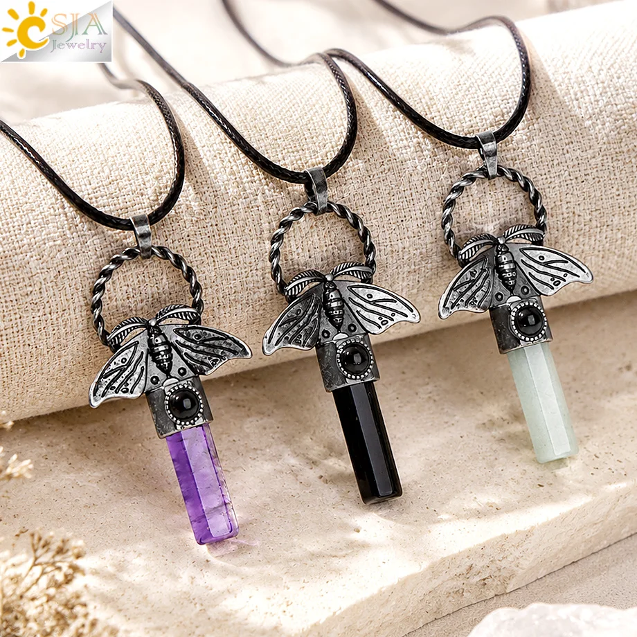 CSJA Animal Moth Necklace with Natural Stone Hexagon Pendant Reiki Healing Crystal Tiger Eye Amethyst Quartz Jewelry Gift H955