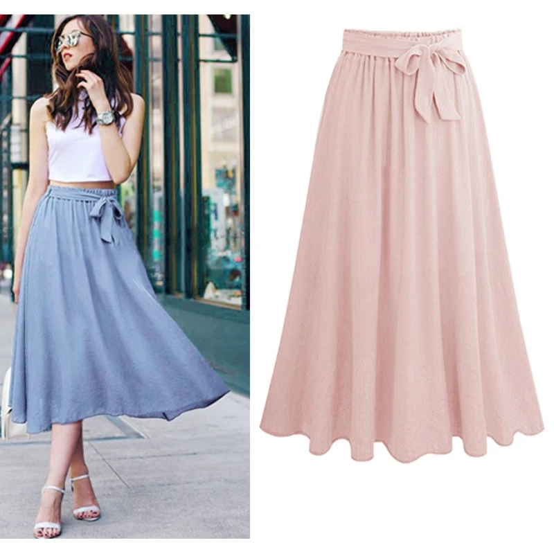 Chiffon-Röcke mit Schleife für Damen, mittellang, hohe Taille, A-Linie, große Swing-Röcke, süßes Rosa, einfarbig, Sommer, Neu 8536