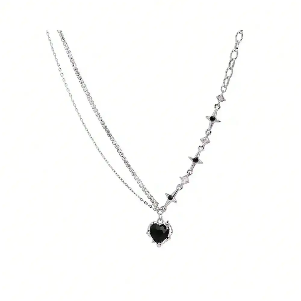 

Asymmetrical Layered Necklace with Black Heart Pendant and Crystal Accents