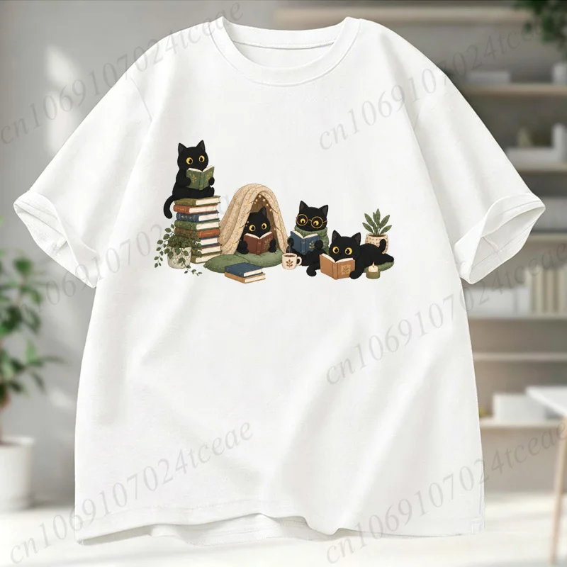 Black Cat Reading Librarian Teacher Bookish T-Shirt Aesthetic Graphic Tops Men's Women T-Shirts Summer Fashion Shirt Casual Gift