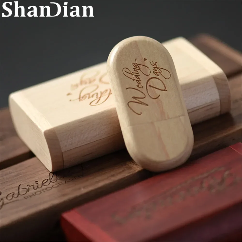 SHANDIAN 프리 커스텀 로고 나무 USB + 박스 펜 드라이브, USB 메모리, 웨딩 사진 선물, 4GB, 16GB, 32GB, 64GB, 128GB