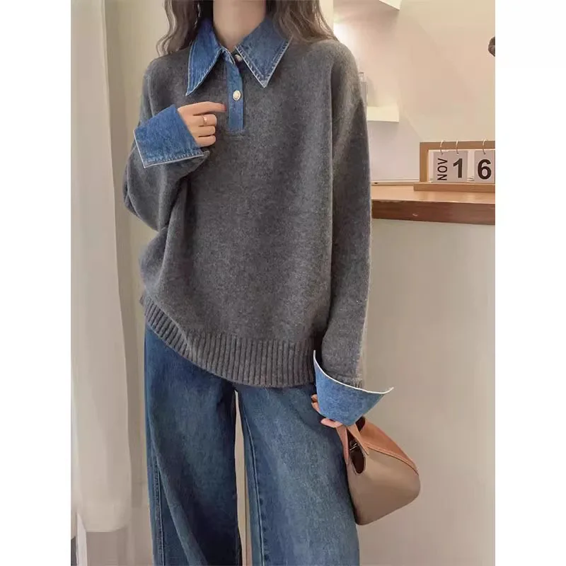 

Women Fake Two-piece Sweater Female Pullover Casual All-Match Knitted Jumper Tops Autumn Polo Collar Denim Stitching Sweater