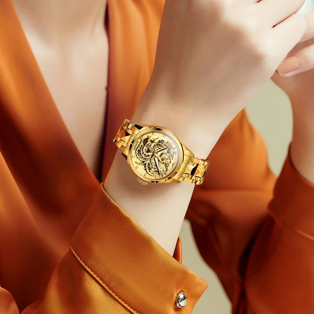 OUPINKE Luxury Original Brand Automatic Watch for Women Waterproof Skeleton Elegant Gold Wristwatch High Quality Ladies Watches