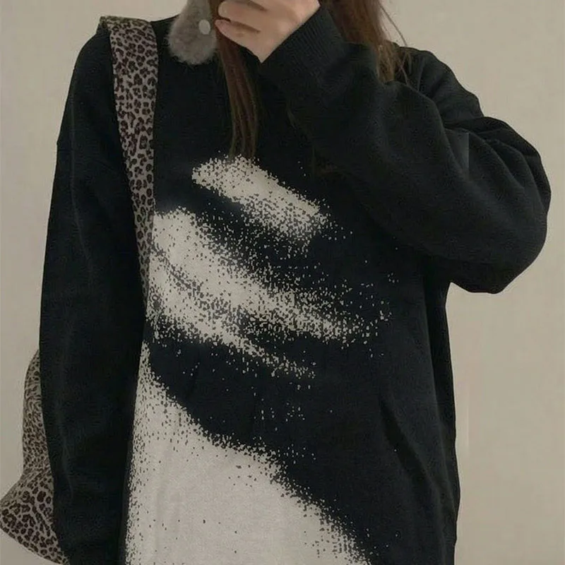 Autumn Winter Korean Fashion Street Subculture Upper Garment Y2K Personalized Printed Pattern Women's Knitted Pullover Sweater