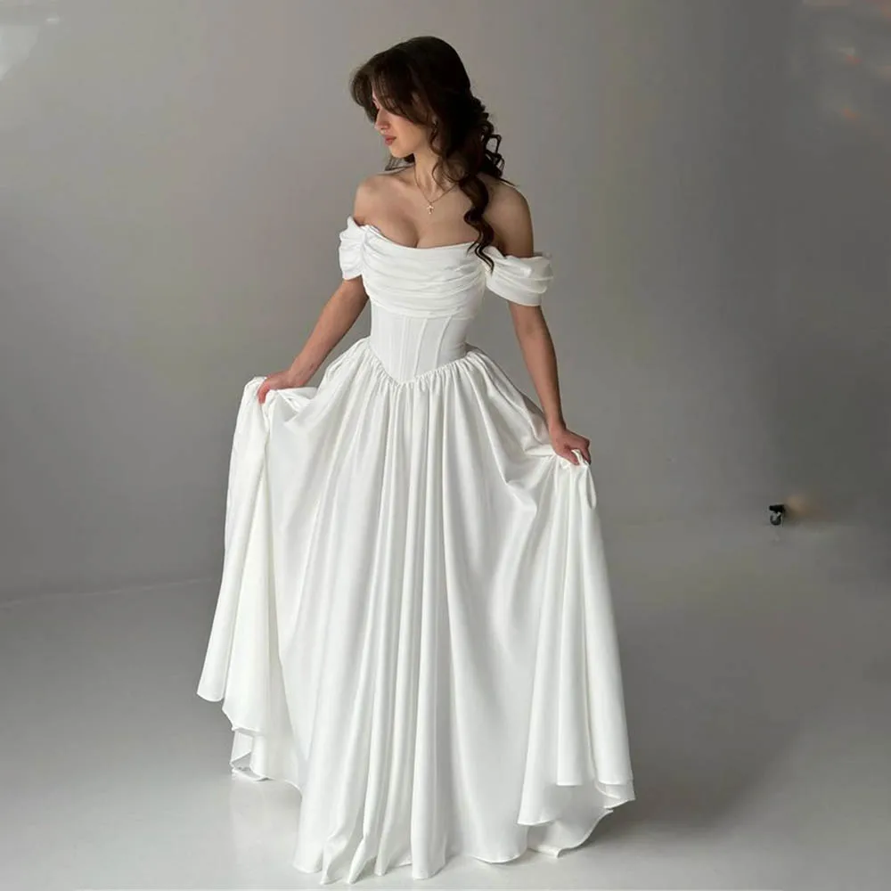 Popular fuera del hombro plisado cariño satén grueso una línea vestido De novia en forma De V cintura hecho a medida 2026 Rode De Morrie