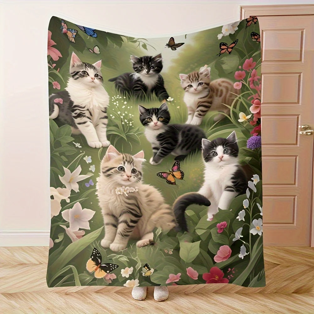 Fashionable Living Hall 1 Comfortable and Simple Blanket with Cute Cat, Butterfly, and Flower Patterns- Soft, Warm, and Durable-