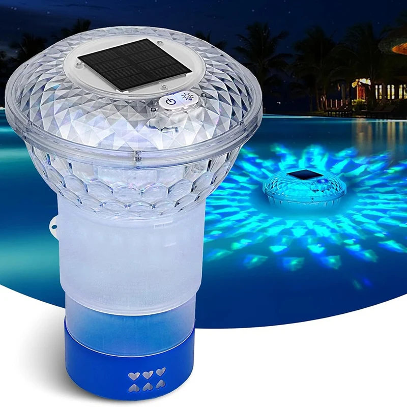 ABVA-Solar-Powered Chlorine Floater With Colorful Lights, Pool Chlorine Dispenser For 1 Inch & 3 Inch - Floating Pool Decor