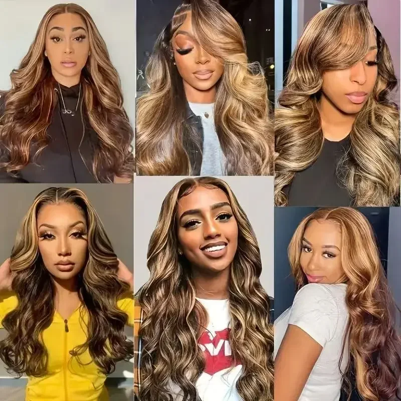 Highlight  Body Wave Lace Front Wig,  Transparent Lace Human Hair Wig, Brown with Honey Blonde Highlights for Women