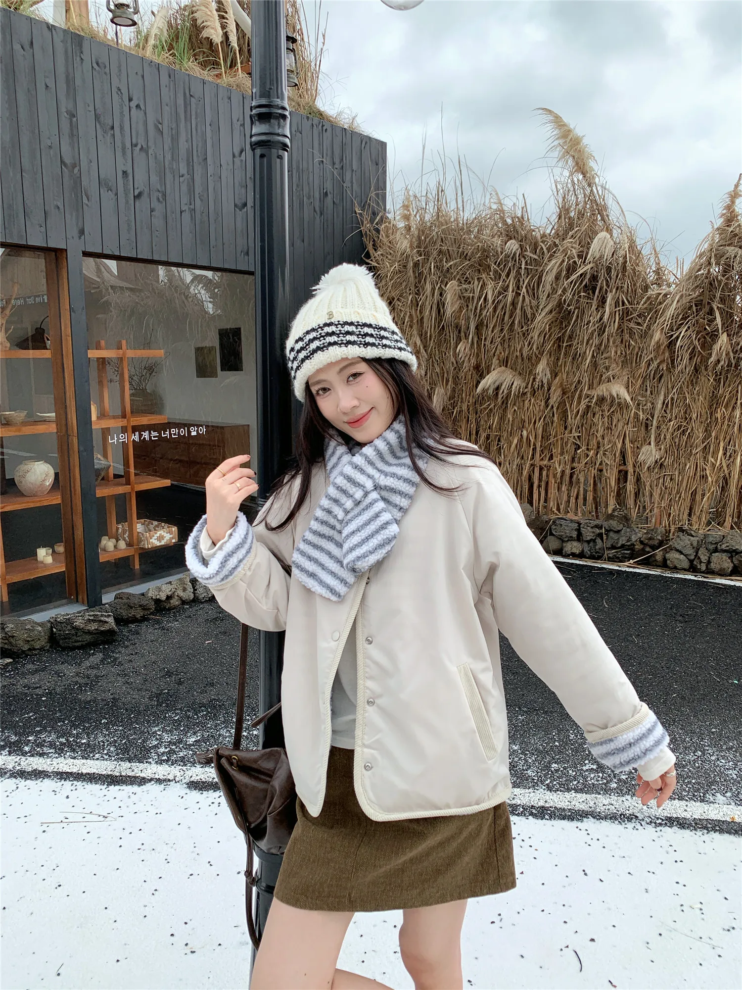 Korean Sweet Two Side Wear Padded Jacket Women Fleece Lined Thick Warm Parkas Woman Lazy Style Stripe Scarf Winter Jackets
